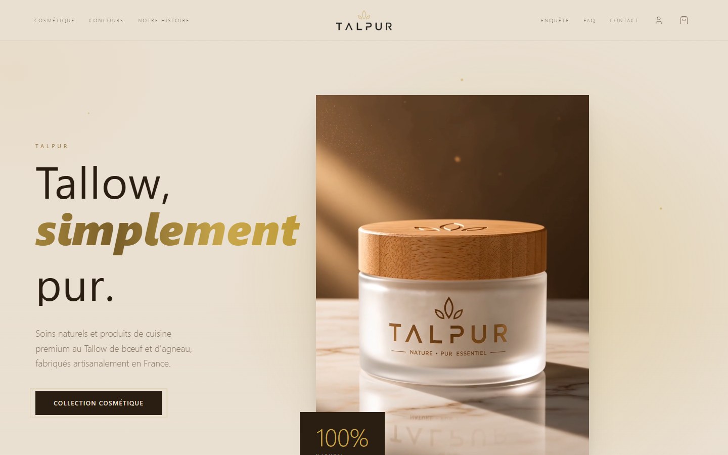 Page d’accueil Talpur, composition crème, couvercle en bois et la phrase Tallow, simplement pur.